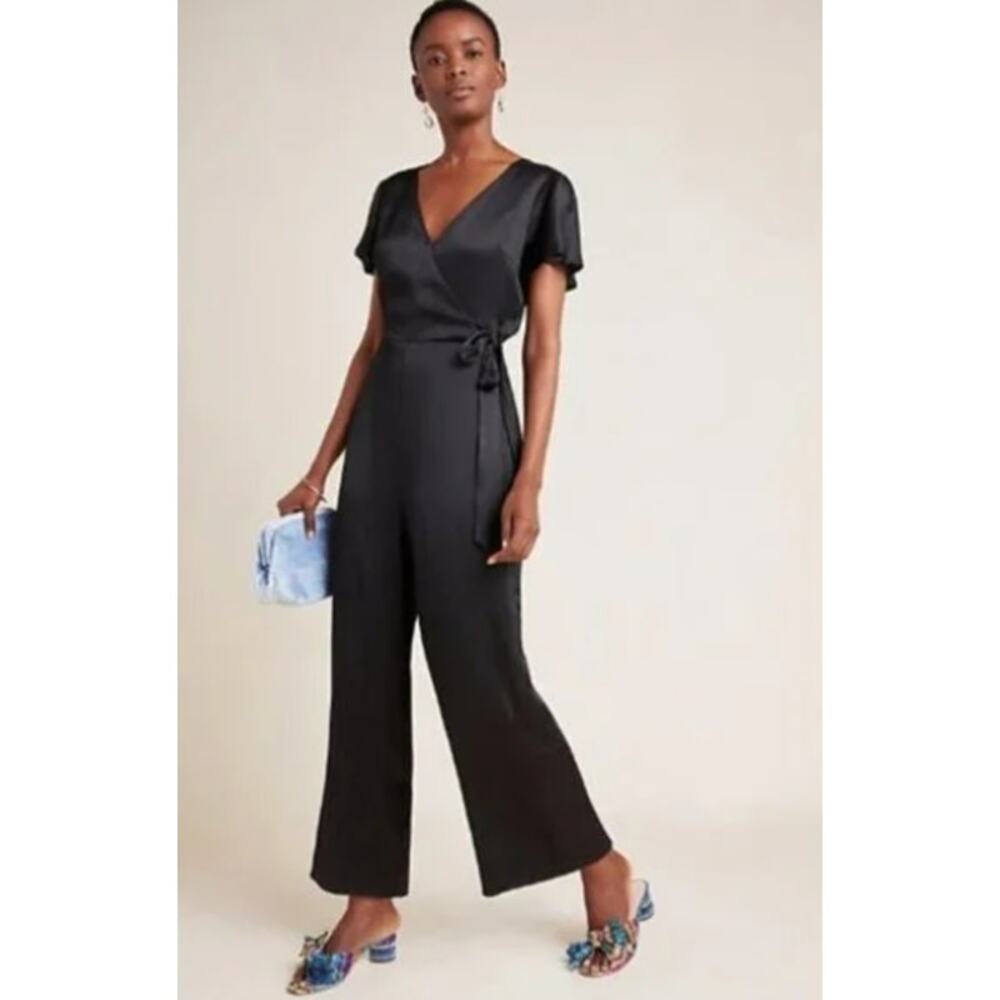 Anthropologie Maquelle Black Satin Evening Short Sleeve Party Jumpsuit